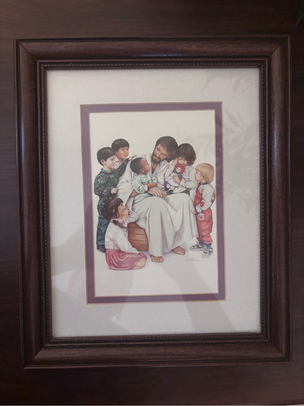Framed Religious Jesus and Children Print with and Dark Brown Frame